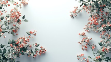 a white wall with a bunch of flowers on it and leaves on the side of the wall and a bunch of flowers on the other side of the wall. generative ai