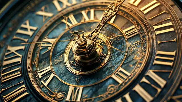 Close-up of an antique clock face with Roman numerals, intricate gold details, and a dark blue background.