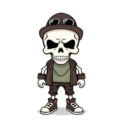 a skull emoji wearing a hat, sunglasses, and a green shirt.