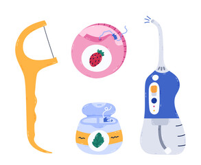 Lovely cartoon set of dental floss and irrigator for gum care and interdental hygiene. Trendy hand drawn teeth strings different types in container, holder, electronic water flosser. Stomatology tool.