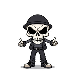 a skull emoji wearing a hat, jacket, and shoes, giving a thumbs up gesture.