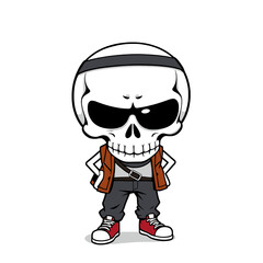 a skull emoji wearing sunglasses, a bandana, a vest, and red shoes.