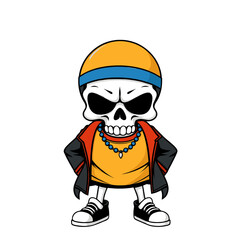 a skull wearing a yellow hat, a red and black jacket, and a necklace.