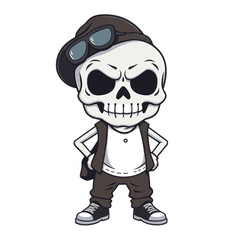 a skull emoji wearing a hat, sunglasses, and a backpack.