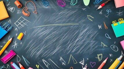 A playful school background featuring a chalkboard with hand-drawn school elements and colorful stationery scattered around.