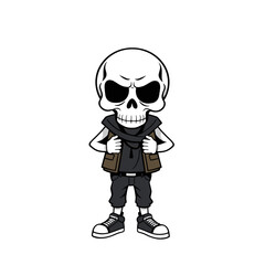 a skull wearing a brown vest, black pants, and black and white sneakers.