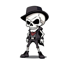 a skull emoji wearing a black hat, a red bandana, and black boots.