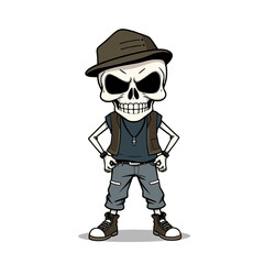 a skull emoji wearing a hat, a vest, and jeans, with a cross necklace around its neck.