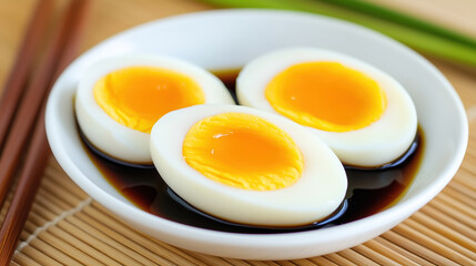 Sliced Hard boiled eggs served in soy sauce