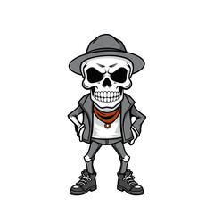a skull emoji wearing a hat, jacket, and boots, with a red bandana around its neck.