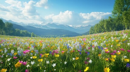 Obraz premium Beautiful spring landscape with colorful wildflowers in a green meadow on a blue day, generative AI