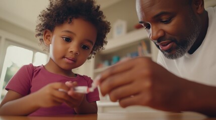 A child learning about glucose testing with a parent explaining. Featuring education and reassurance