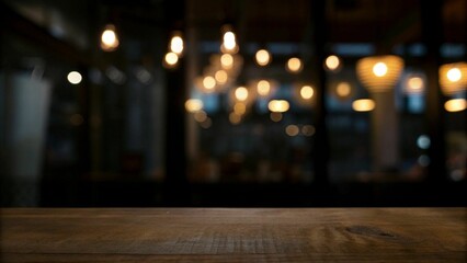 Empty dark wooden table in front of abstract blurred bokeh background of restaurant . can be used for display or montage your products.Mock up for space.