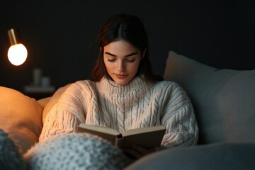 Warmly lit scene featuring person immersed in reading, cozy atmo