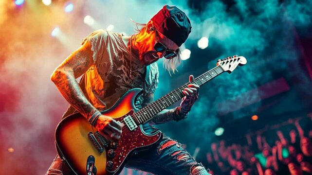 Energetic rock guitarist performing live on stage with intense lighting, smoke effects, and a cheering crowd