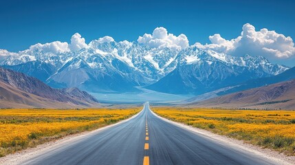 Scenic mountain road through yellow wildflowers