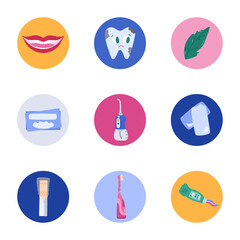 Lovely round cover icons with cartoon tooth hygiene clipart for different social media, business, branding. Highlight icons for stories with dental products and tools, bubble gum in vivid colors.