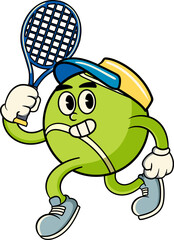 Happy Tennis Ball holding racket Sport mascot character in Vintage Style