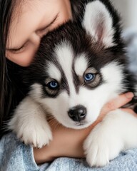 Adorable puppy cuddle with woman: heartwarming companionship, love, and joyful connection for pet lovers