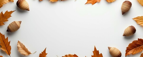 Obraz premium Autumnal Composition Frame with Oak Leaves and Wooden Cones on a White Background Design Theme