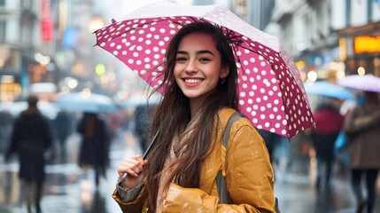 Smiling woman under pink polka dot umbrella in crowded city, rainy day, street background