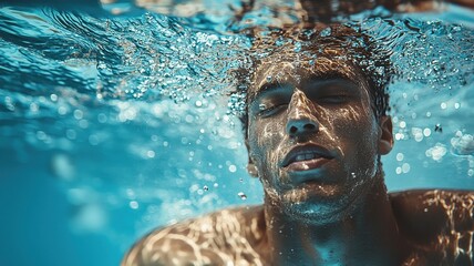 Fototapeta premium A close-up of a man underwater, with bubbles rising around him, capturing a serene and tranquil moment.