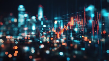 Creative glowing big data forex candlestick chart on blurry city background. Trade, technology, investment and analysis concept. Double exposure