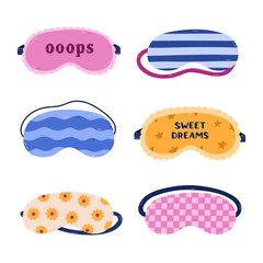 Lovely cartoon sleeping mask set with checkered pattern, sunflower, Sweet Dreams lettering, lace. Cute hand drawn girly eye mask for comfort dreaming. Patterned bedtime accessory isolated on white.