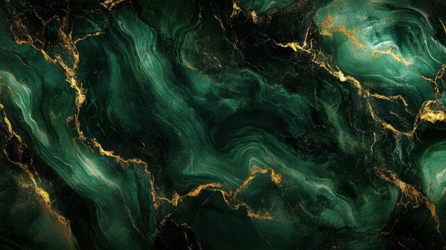 luxury wallpaper. Green marble and gold abstract background texture. Dark green emerald marbling with natural luxury style swirls of marble and gold powder.