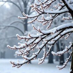 Snow-covered tree branches tangled with frosty vines and bare stems, frost, branch