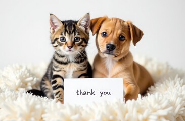 Kitten and puppy on a fluffy blanket with a Thank you card