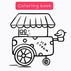 Coloring book for children, coloring page with ice cream kiosk, vector illustration available for printing