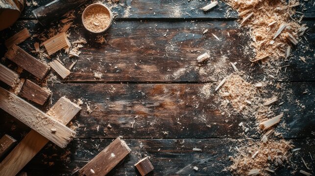 Rustic Woodworking Workshop: A Carpenter's Table, Scattered Sawdust, and Wooden Scraps