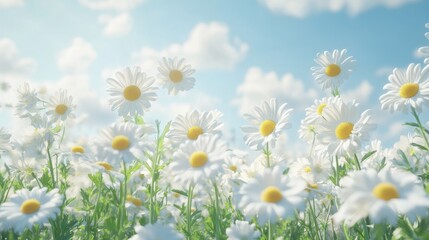Obraz premium Symmetrical spring or summer nature with blooming white chamomile against sky background