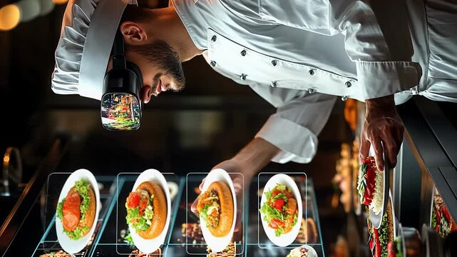 In a cutting-edge kitchen, a talented chef uses virtual reality technology to test and refine dishes. Surrounded by digital displays, he enhances his culinary skills and creativity.