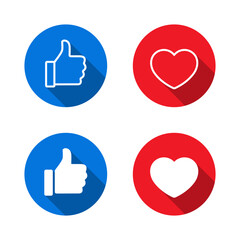Like and love icon with long shadow. Thumb up and heart sign symbol