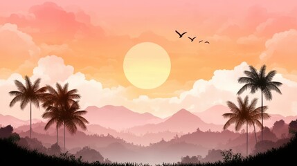 A serene landscape at sunset, featuring silhouettes of palm trees and gentle mountains under a colorful sky, Ideal for travel, relaxation, or nature-related projects, evoking tranquility and beauty,