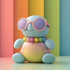 Fototapeta premium A cute, colorful turtle figurine wearing sunglasses and a beaded necklace, set against a vibrant striped background, Y2K style.