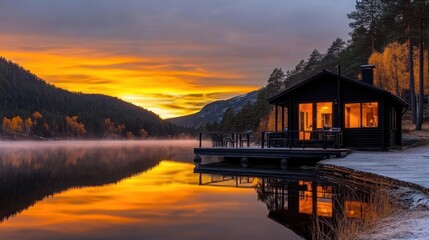 Fototapeta premium A serene lake at sunrise, surrounded by a dense evergreen forest. The calm water reflects the fiery hues of the morning sky, while mist gently rises from the surface.