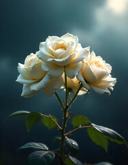 Three Cream Roses Under a Dark Sky