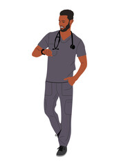 Male doctor. Portrait of black bearded smiling man medic worker in uniform gray scrub and stethoscope. Flat cartoon vector realistic illustration isolated