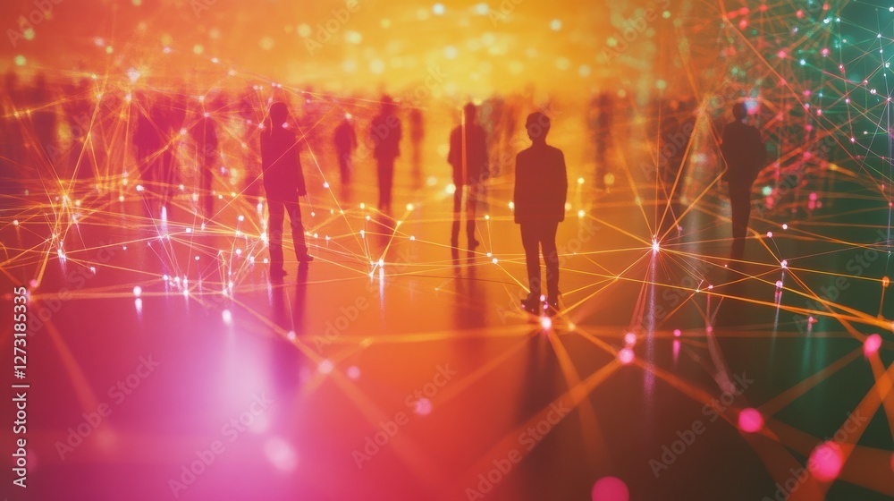 Poster the image displays an abstract networking concept where people are clustered and linked by illuminat