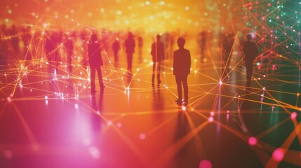 The image displays an abstract networking concept where people are clustered and linked by illuminated lines, depicting data exchange or social networks