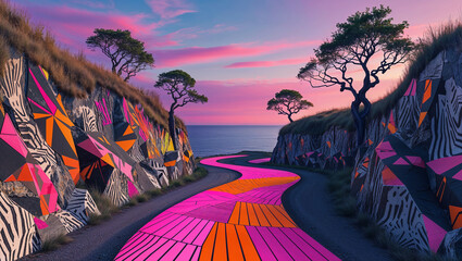 Winding coastal road decorated with vibrant geometric street art at sunset