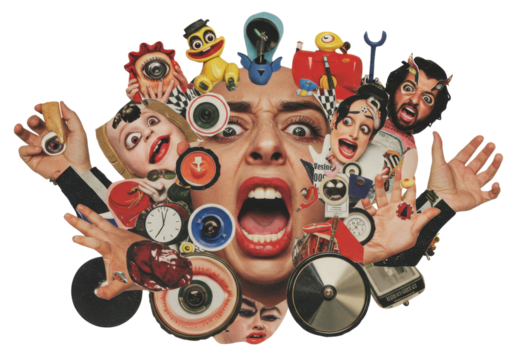 Surreal Colorful Collage of a Woman's Face with Toys and Objects