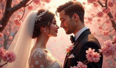 A romantic wedding scene featuring a bride and groom surrounded by blooming cherry blossoms, capturing the essence of love and joy.