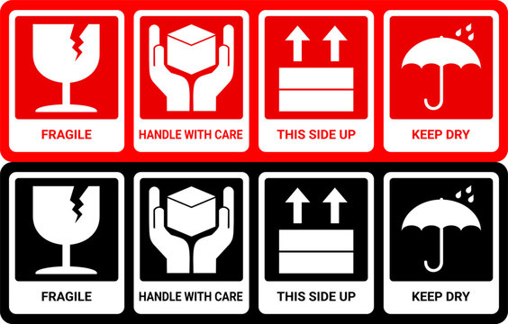 sticker fragile handle with care, red fragile warning label with broken glass symbol, this side up sign, keep dry and avoid liquid sign. packaging sign