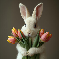 A cute rabbit holds a bouquet of tulips, a hare with flowers, a spring festival.