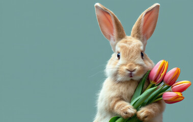 A cute rabbit holds a bouquet of tulips, a hare with flowers with copy space, a spring festival.