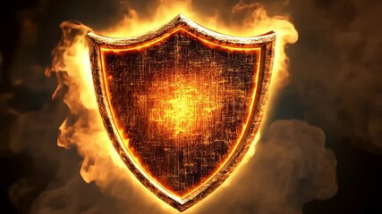 Fire-engulfed shield emblem representing strength and protection in a dark environment
